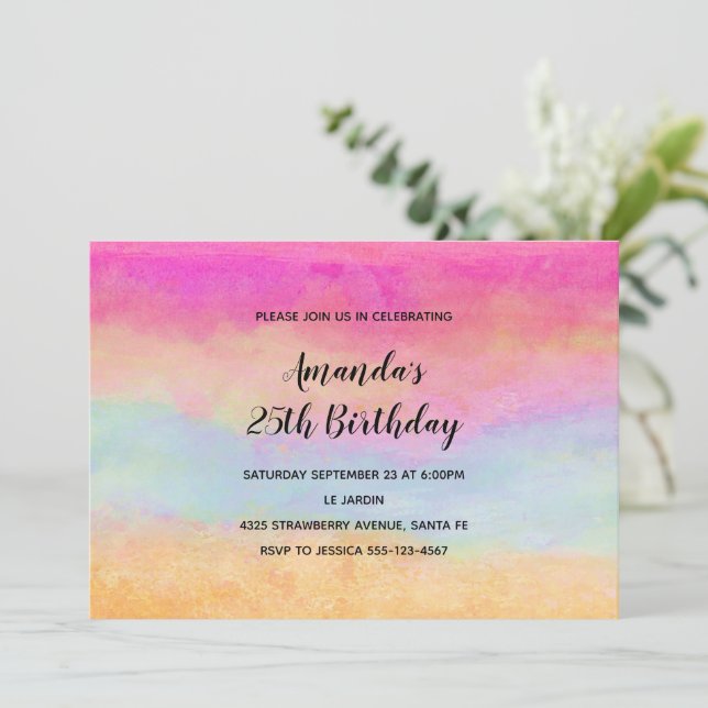 Pink Blue Yellow Rainbow Abstract Stripes Birthday Invitation (Standing Front)