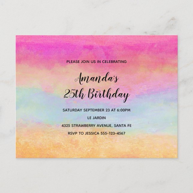 Pink Blue Yellow Rainbow Abstract Stripes Birthday Invitation Postcard (Front)