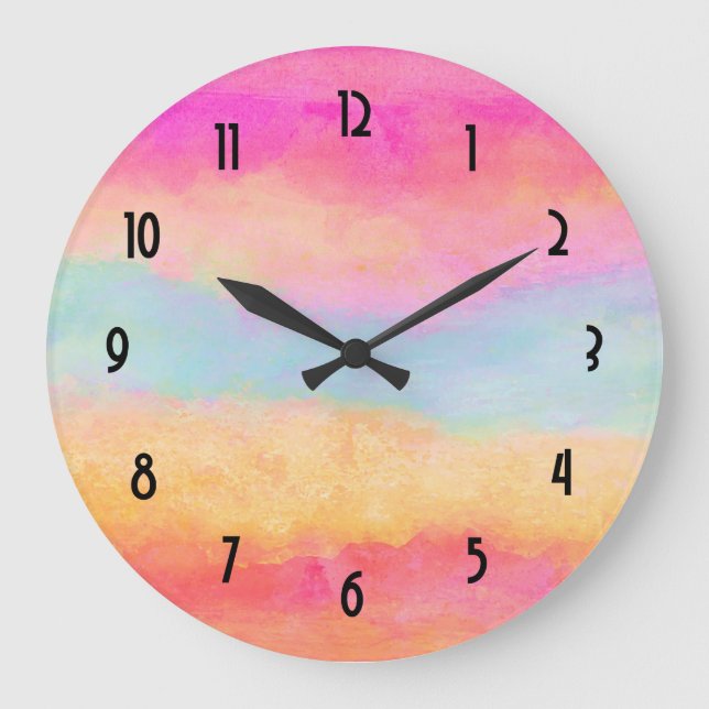 Pink Blue Yellow Rainbow Abstract Stripes Large Clock (Front)