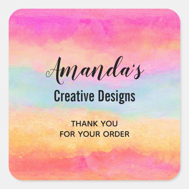  Pink Blue Yellow Rainbow Stripes Business Square Sticker (Front)