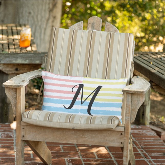 Pink Blue Yellow Stripes Monogram  Lumbar Cushion (Chair)