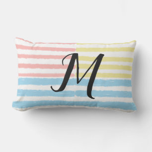 Pink Blue Yellow Stripes Monogram  Lumbar Cushion