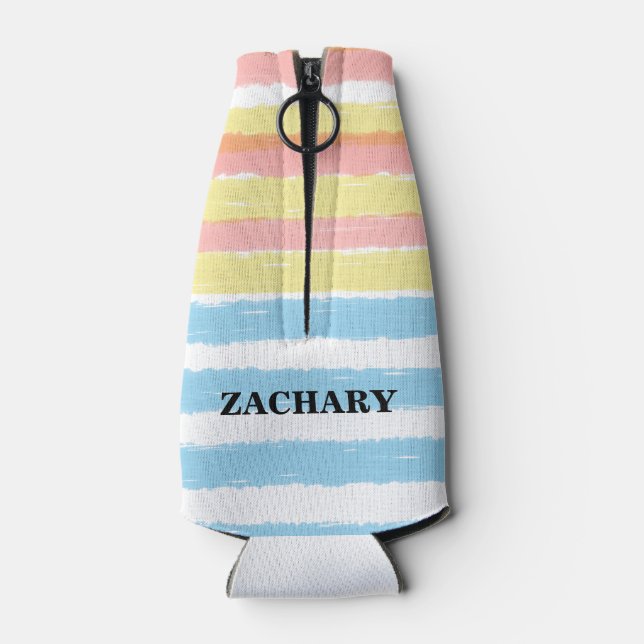 Pink Blue Yellow Watercolor Stripes Party Name Bottle Cooler (Back)