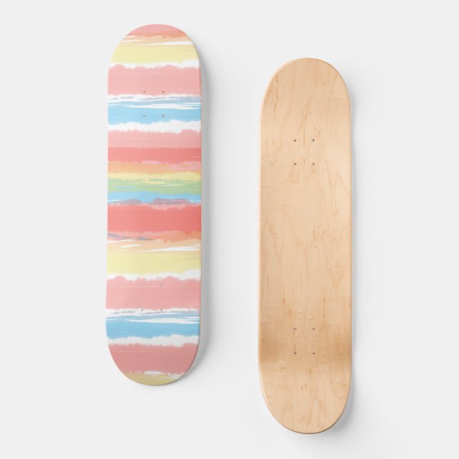Pink Blue Yellow White Watercolor Stripes Skateboard (Front)