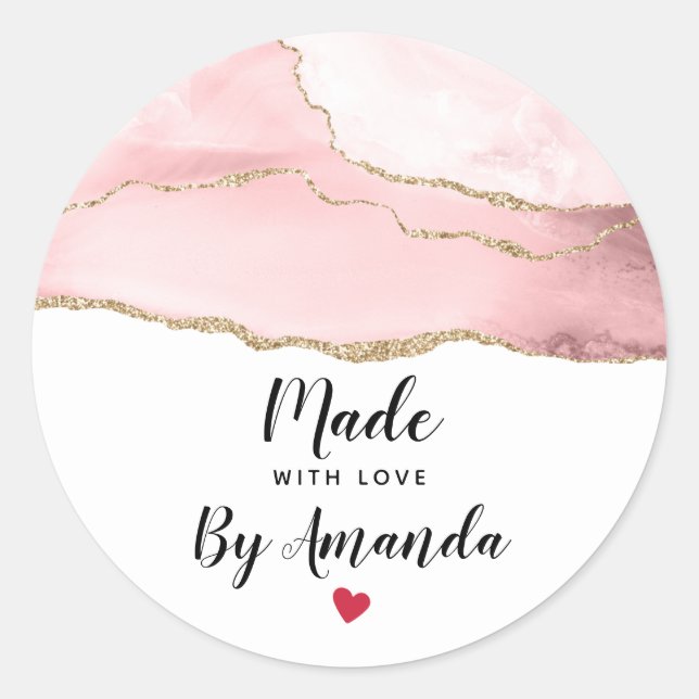 Pink Blush Agate Made with Love Classic Round Sticker (Front)