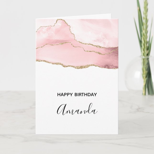 Pink Blush Agate with Gold Ribbon Elegant Birthday Card (Front)