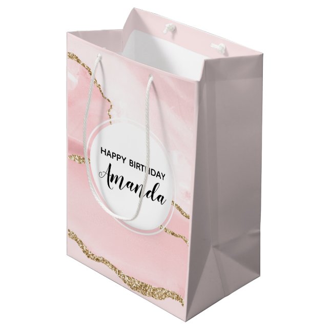 Pink Blush Agate with Gold Ribbon Elegant Birthday Medium Gift Bag (Front Angled)