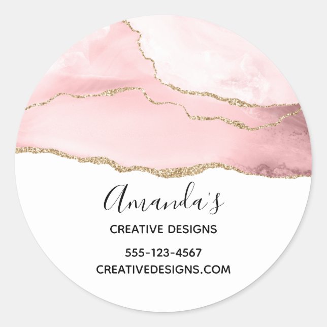 Pink Blush Agate with Gold Ribbon Elegant Business Classic Round Sticker (Front)