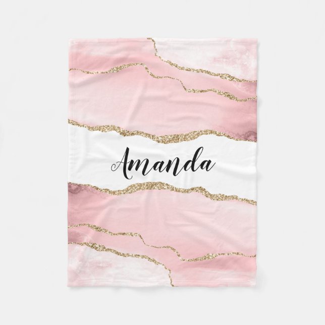 Pink Blush Agate with Gold Ribbon Elegant Fleece Blanket (Front)