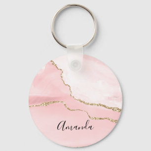 Pink Blush Agate with Gold Ribbon Elegant Key Ring
