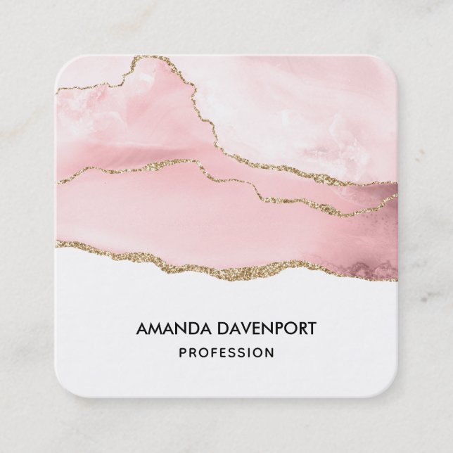 Pink Blush Agate with Gold Ribbon Elegant Square Business Card (Front)