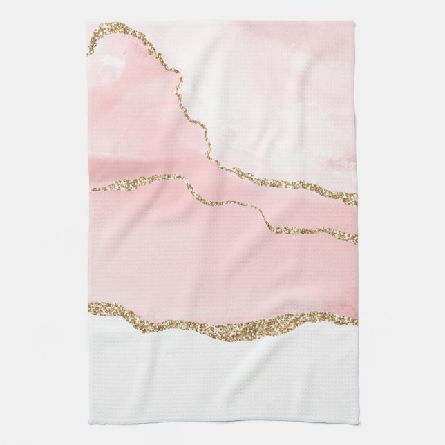 Pink Blush Agate with Gold Ribbon Elegant Tea Towel (Vertical)