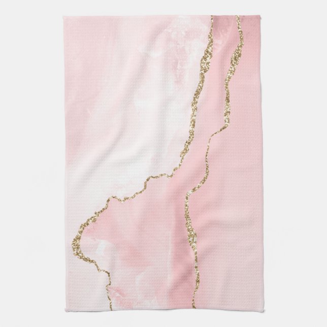 Pink Blush Agate with Gold Ribbon Elegant Tea Towel (Vertical)