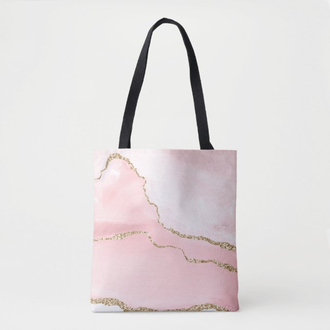 Pink Blush Agate with Gold Ribbon Elegant Tote Bag (Front)