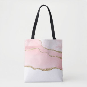 Pink Blush Agate with Gold Ribbon Elegant Tote Bag