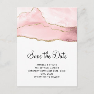 Pink Blush Agate with Gold Ribbon Elegant Wedding Invitation Postcard