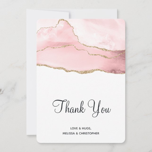 Pink Blush Agate with Gold Ribbon Elegant Wedding Thank You Card (Front)