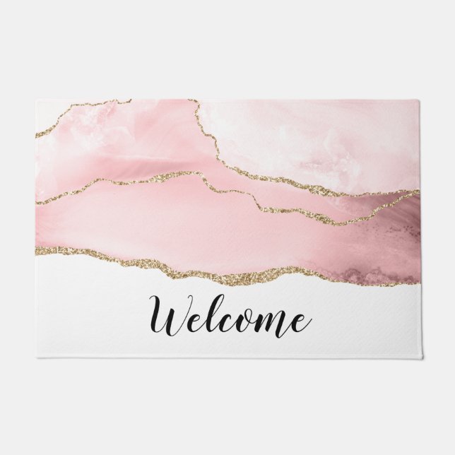 Pink Blush Agate with Gold Ribbon Elegant Welcome Doormat (Front)