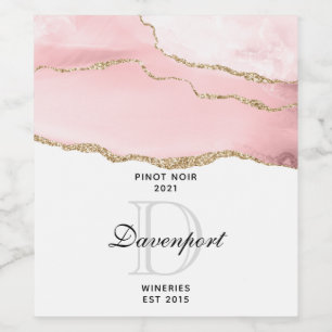 Pink Blush Agate with Gold Ribbon Elegant Wine Label