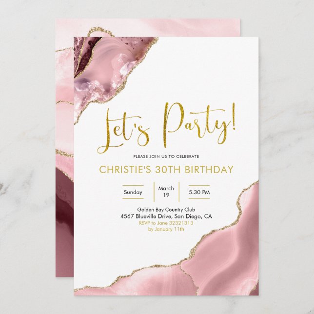 Pink Blush and Gold Agate Let's Party Invitation (Front/Back)