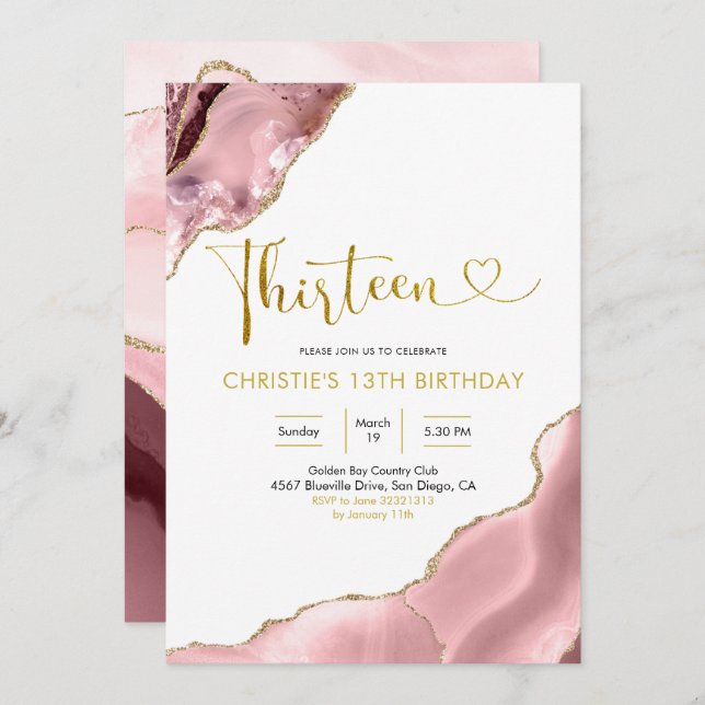 Pink Blush and Gold Agate Thirteen Birthday Invita Invitation (Front/Back)