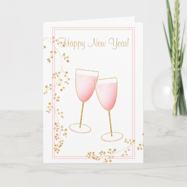 Pink Blush and Gold Champagne Glasses New Year Card (Front)