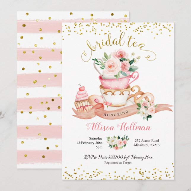 Pink Blush and Gold Floral Bridal Shower Tea Party Invitation (Front/Back)