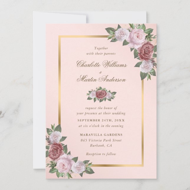 Pink Blush and Gold Floral Wedding Invitations (Front)