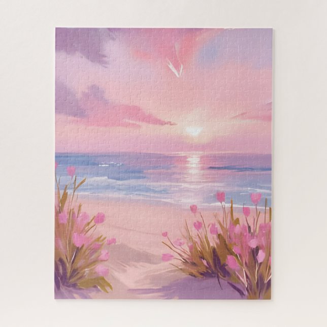 Pink Blush Beach Sunset Pastel Watercolor Jigsaw Puzzle (Vertical)