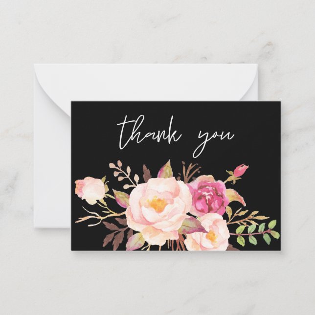 Pink Blush Bloom Floral -Black White Small Thanks Card (Front)