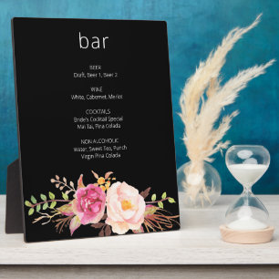 Pink Blush Blooming Floral Bar Sign Easel Black Plaque