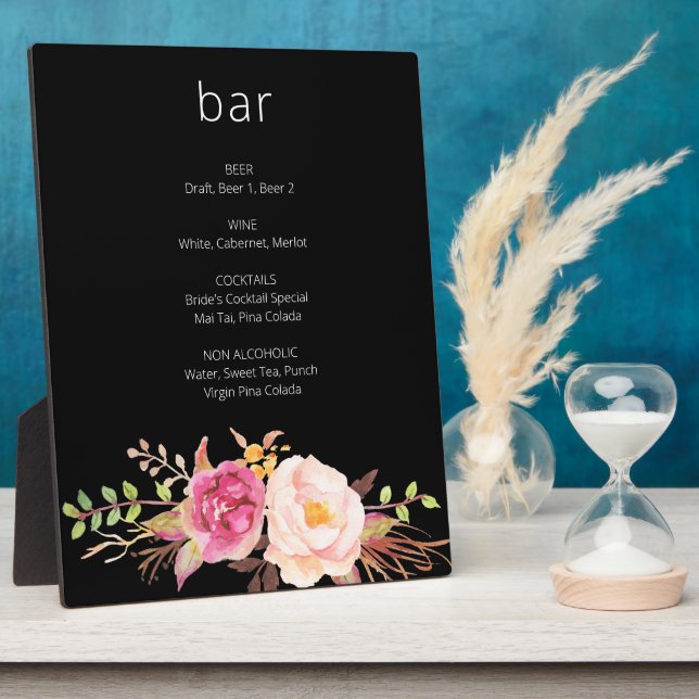 Pink Blush Blooming Floral Bar Sign Easel Black Plaque (Side)