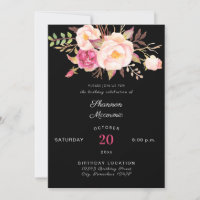 Pink Blush Blooming Floral Birthday - Black