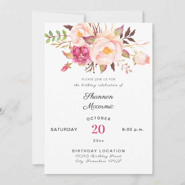 Pink Blush Blooming Floral Birthday White Invitation (Front)