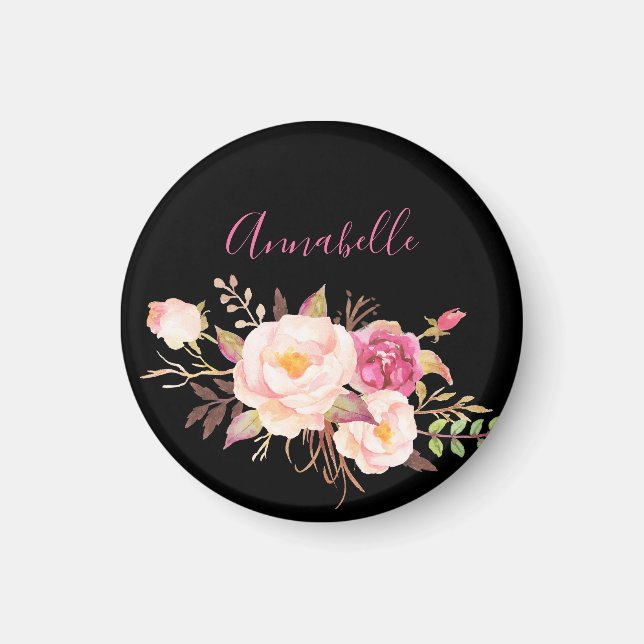 Pink Blush Blooming Floral - Black Magnet (Front)