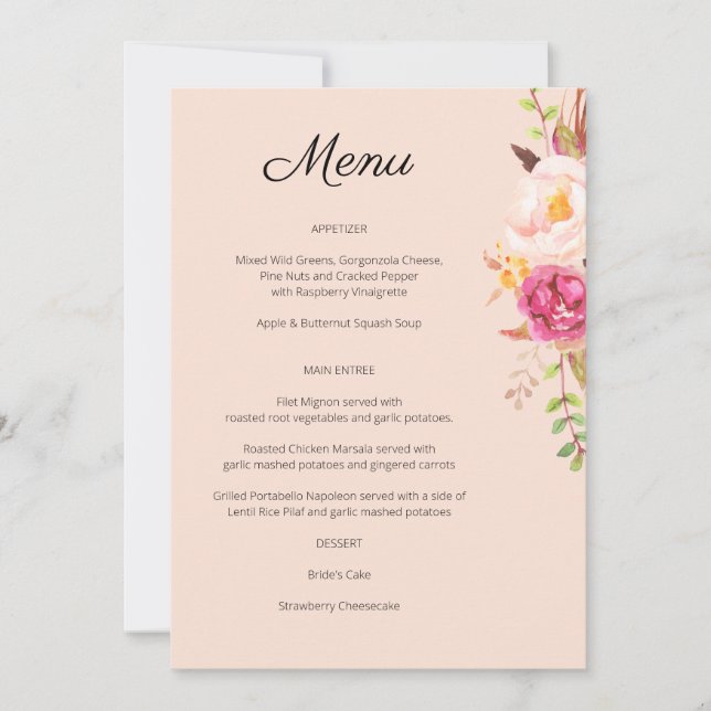 Pink Blush Blooming Floral Menu - Pink Invitation (Front)