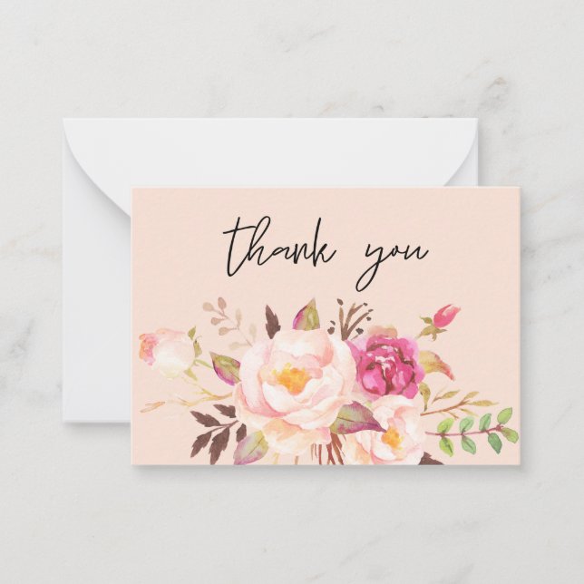 Pink Blush Blooming Floral - Pink Small Thank You Card (Front)