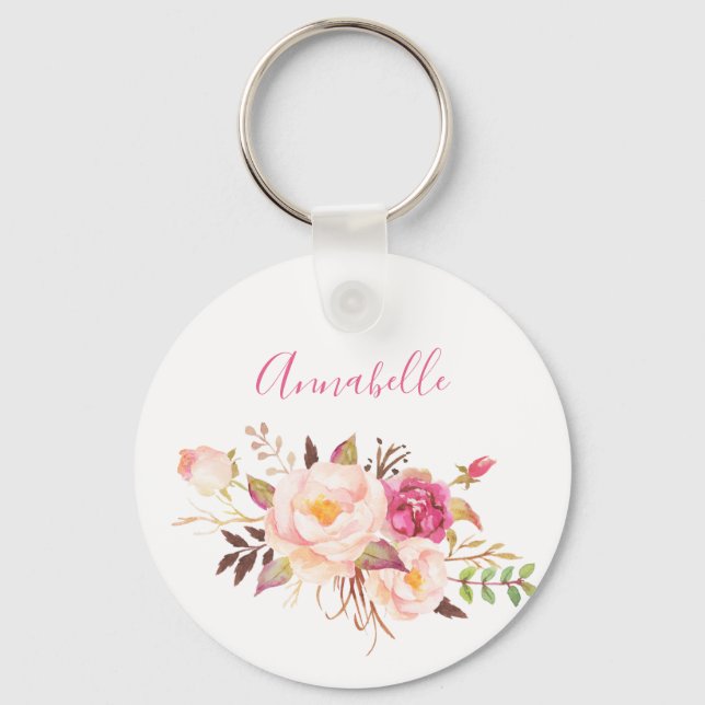 Pink Blush Blooming Floral - White Key Ring (Front)
