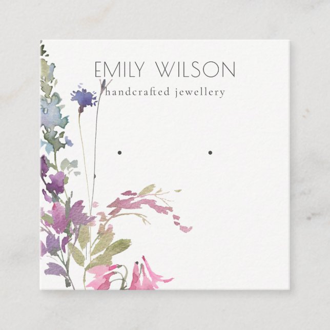 Pink Blush Blue Bell Floral Bunch Earring Display Square Business Card (Front)