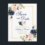 Pink Blush Blue Floral Elegant Gold Save the Date Announcement Postcard<br><div class="desc">Modern Elegant,  Watercolor Pink Blush Blue Floral,  Gold Save The Date Engagement Postcard</div>