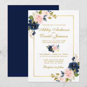 Pink Blush Blue Floral Elegant Gold Wedding Invitation