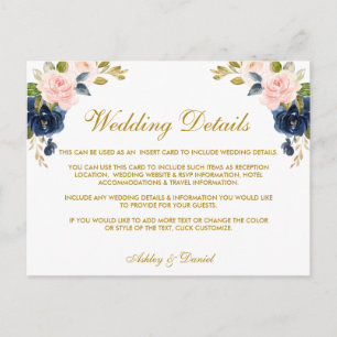 Pink Blush Blue Floral Gold Wedding Details Card
