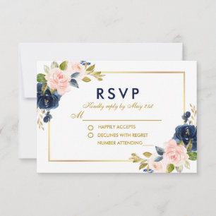 Pink Blush Blue Floral Wedding RSVP Gold Card