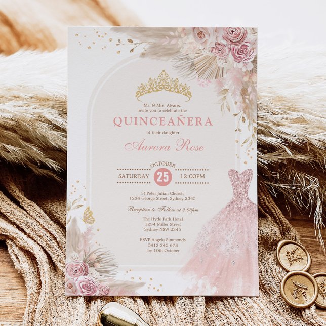 Pink Blush Boho Floral Quinceañera 15th Birthday Invitation (Creator Uploaded)
