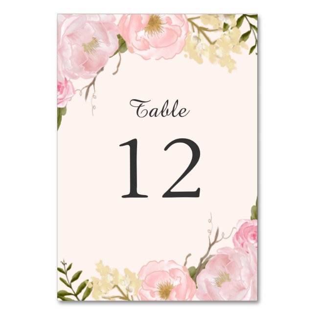 Pink Blush Botanical Floral Table Number Card (Front)