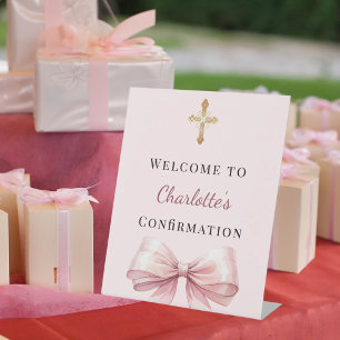 Pink blush bow Confirmation welcome Pedestal Sign