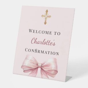 Pink blush bow Confirmation welcome Pedestal Sign