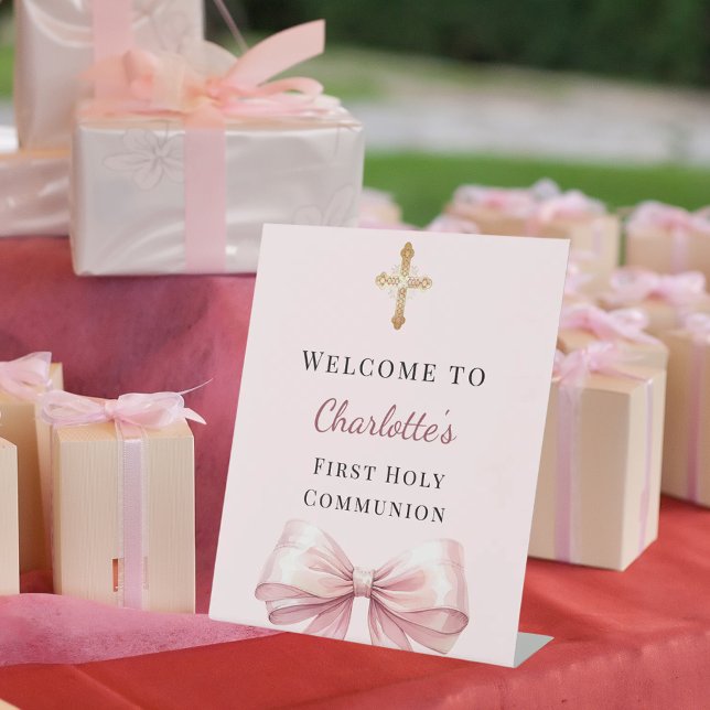Pink blush bow First Holy Communion welcome Pedestal Sign (Creator Uploaded)