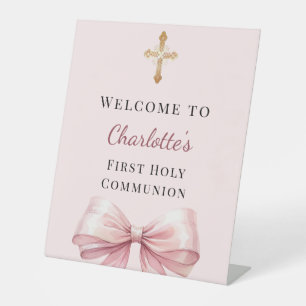 Pink blush bow First Holy Communion welcome Pedestal Sign