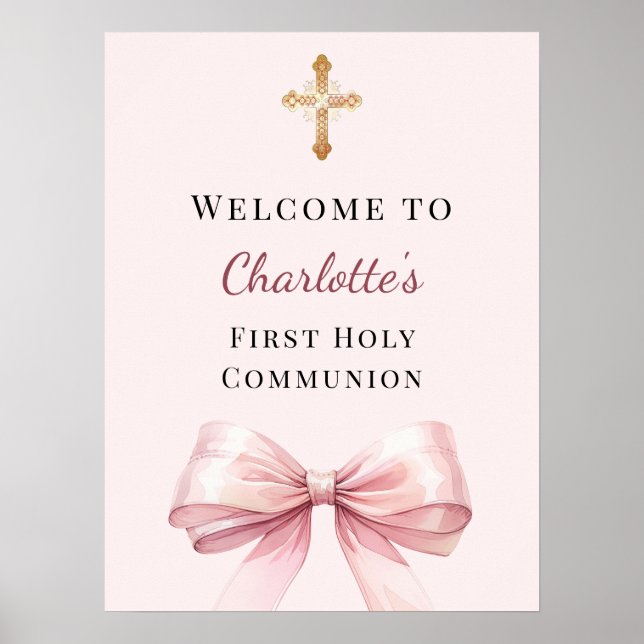Pink blush bow First Holy Communion welcome Poster (Front)